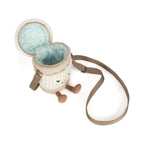 Interior view of Jellycat Amuseables Perkle Coffee Shoulder Bag showing open pouch and soft blue patterned lining.