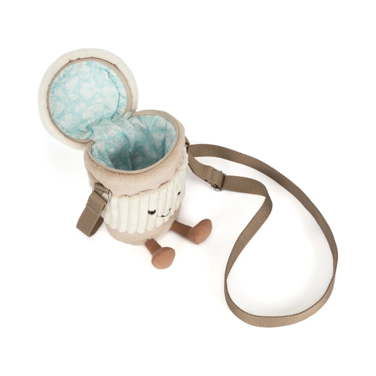 Interior view of Jellycat Amuseables Perkle Coffee Shoulder Bag showing open pouch and soft blue patterned lining.