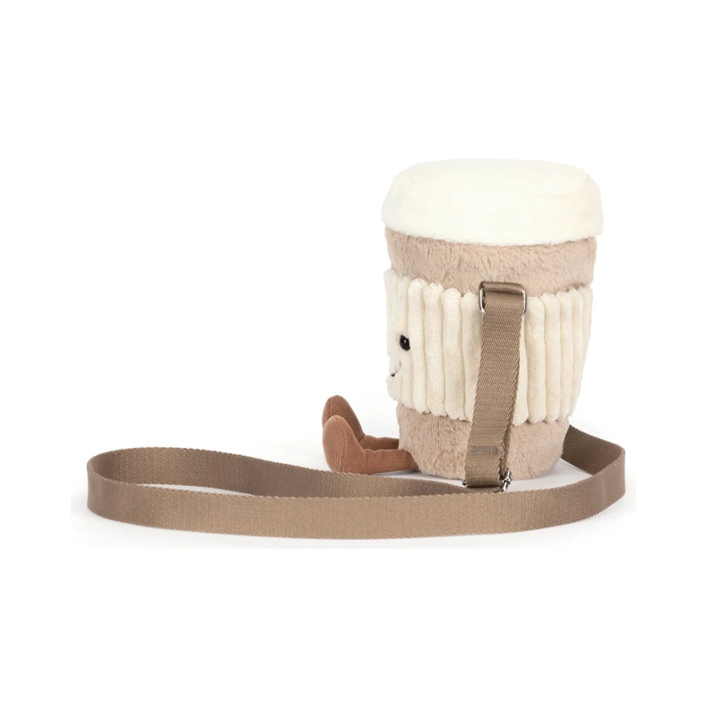 Side view of Jellycat Amuseables Perkle Coffee Shoulder Bag showing creamy plush top and ribbed corduroy sleeve.