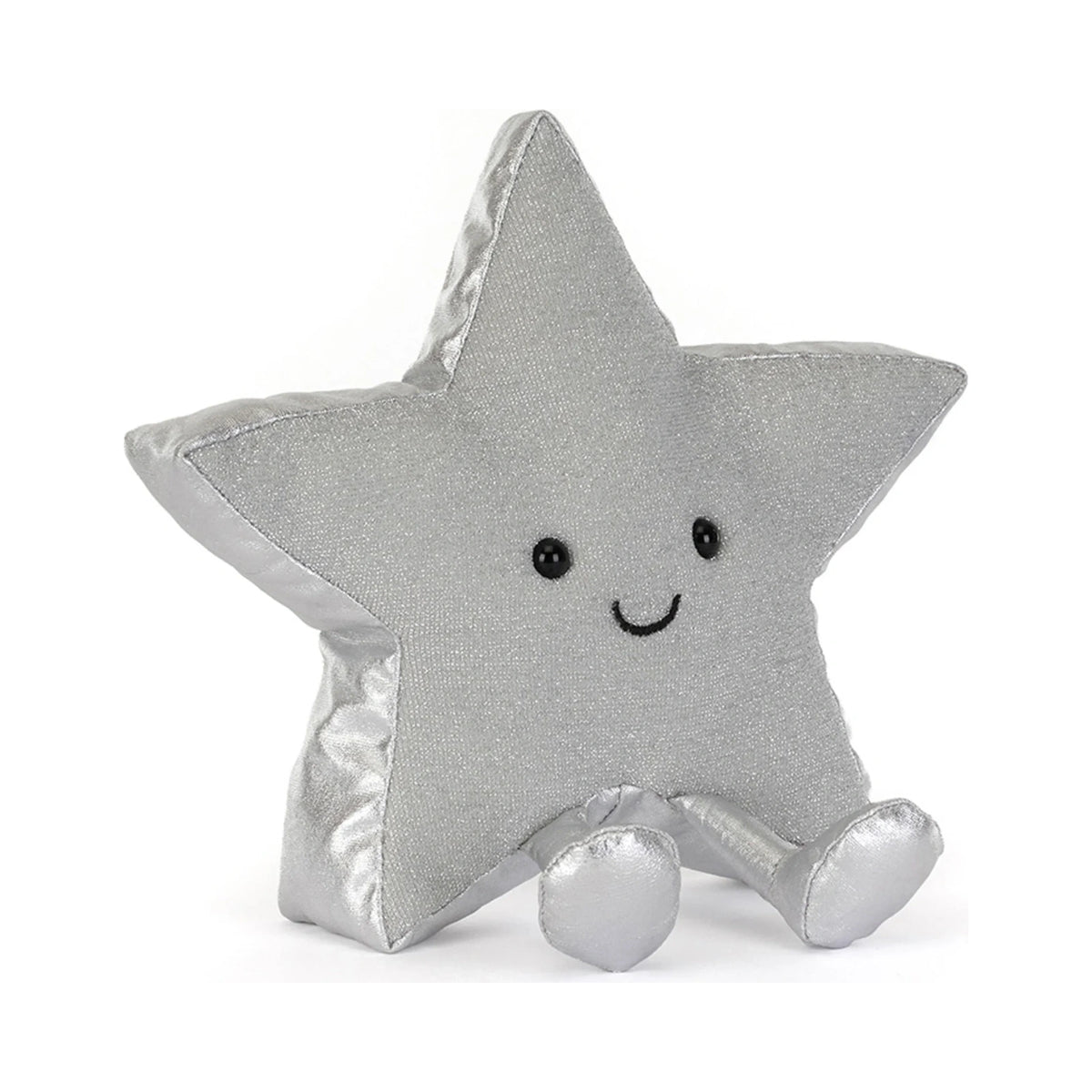 Front view of Jellycat Amuseables Silver Star showing shimmering silver plush star.