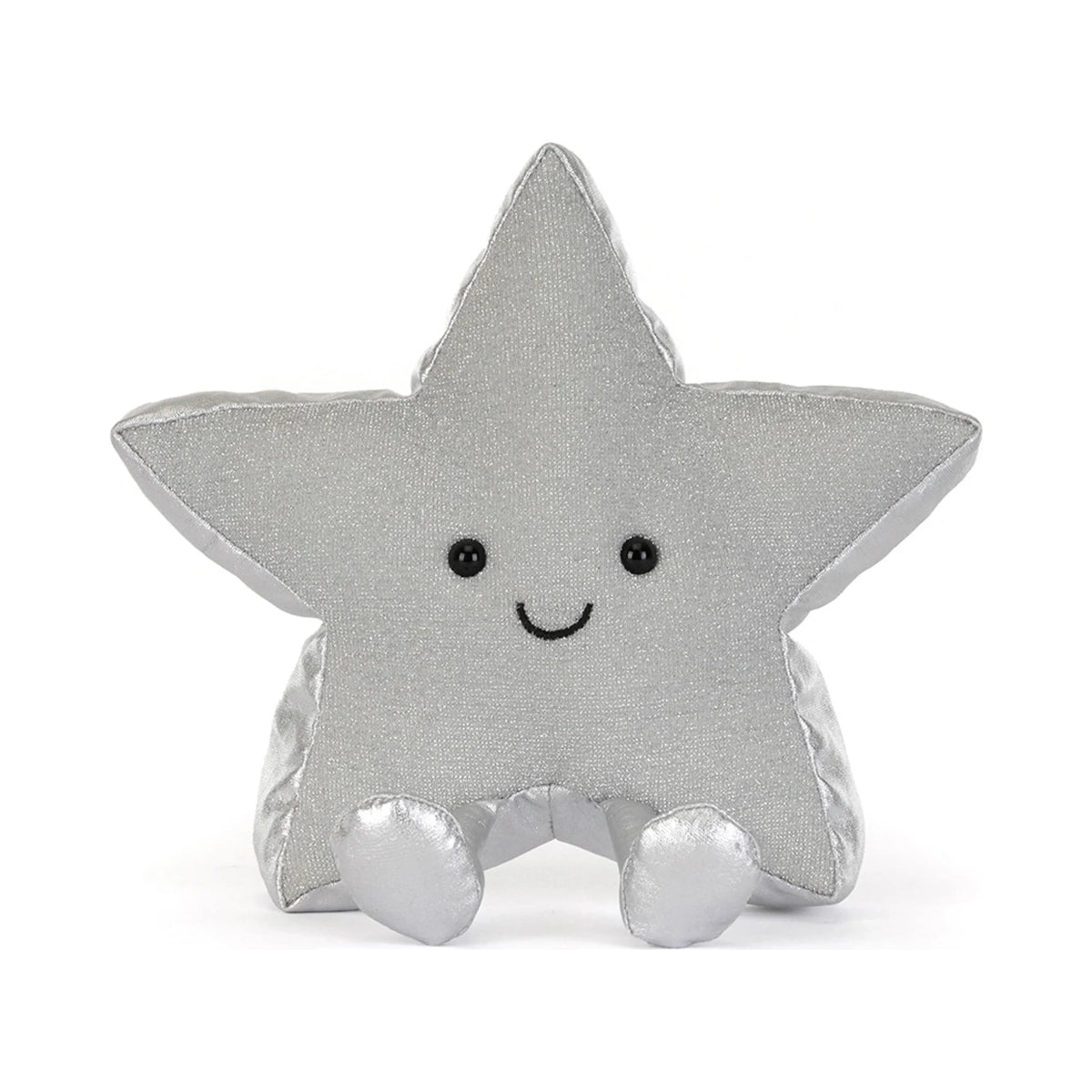 Front view of Jellycat Amuseables Silver Star showing shimmering silver plush fabric.