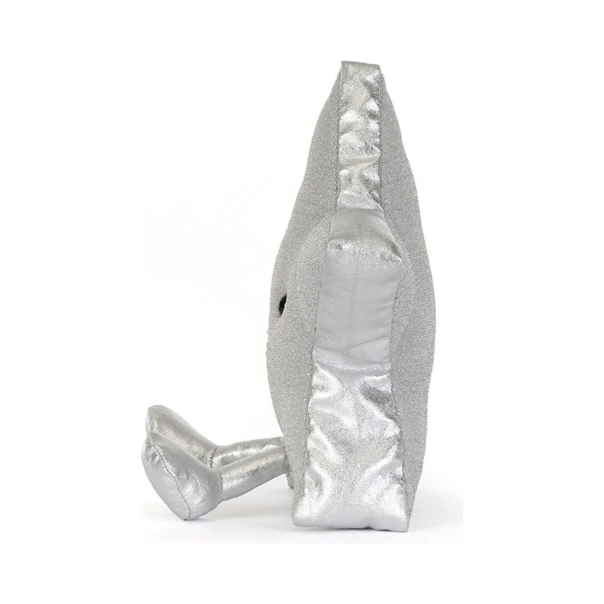 Side view of Jellycat Amuseables Silver Star showing shimmering metallic silver fabric.