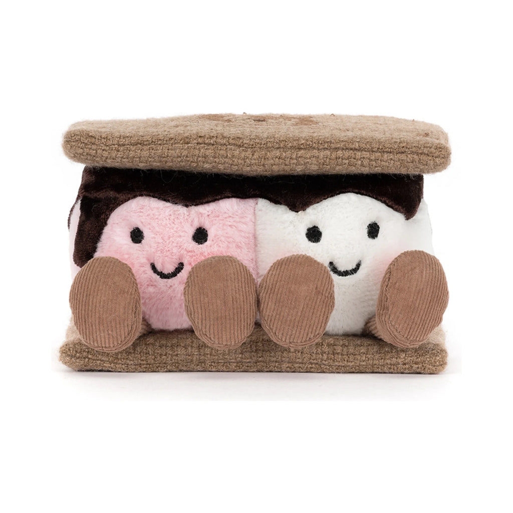 Front view of Jellycat Amuseables Smores plush showing smiling pink and white marshmallows with brown corduroy legs.
