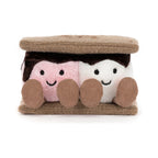 Front view of Jellycat Amuseables Smores plush showing smiling pink and white marshmallows with brown corduroy legs.