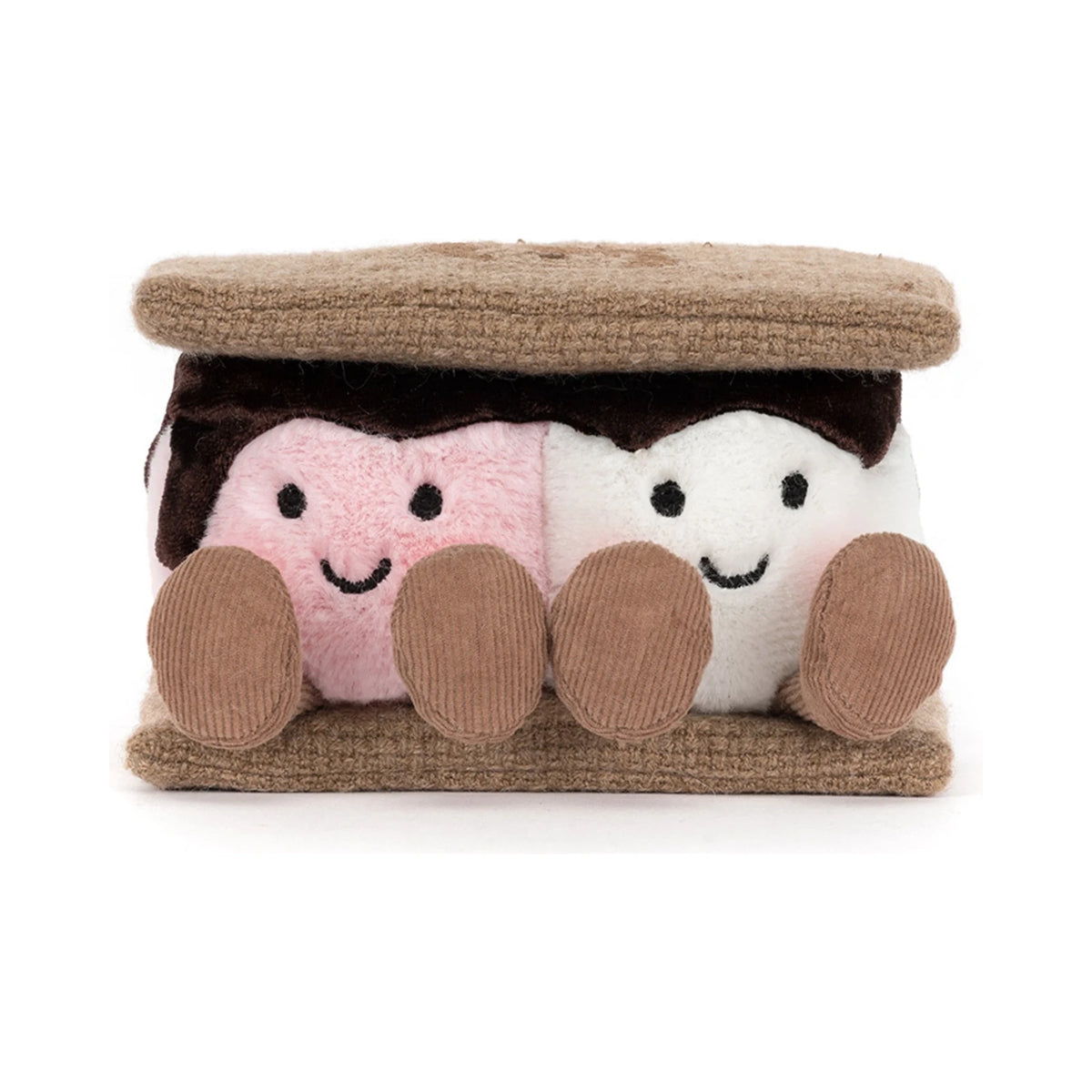 Front view of Jellycat Amuseables Smores plush showing smiling pink and white marshmallows with brown corduroy legs.