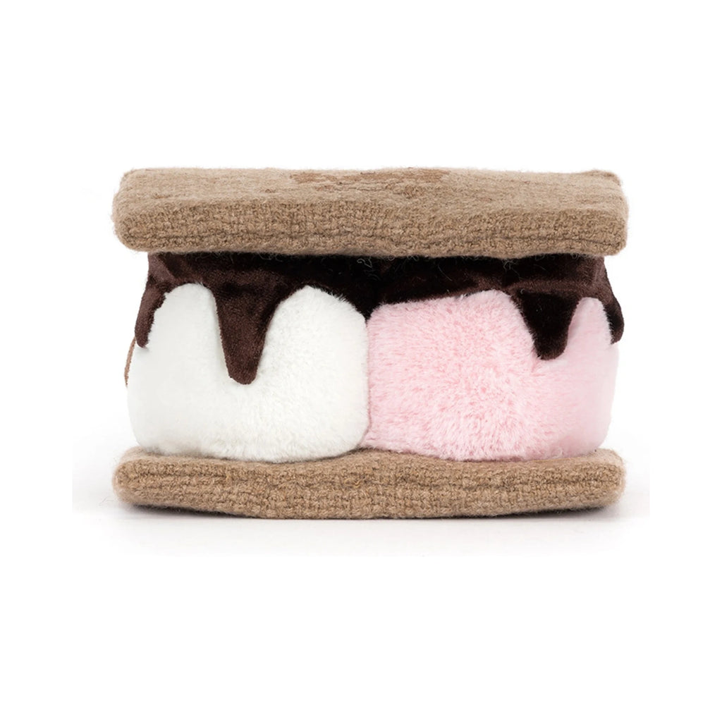 Back view of Jellycat Amuseables Smores showing fluffy white and pink marshmallows with brown velvet drizzle.