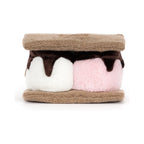 Back view of Jellycat Amuseables Smores showing fluffy white and pink marshmallows with brown velvet drizzle.