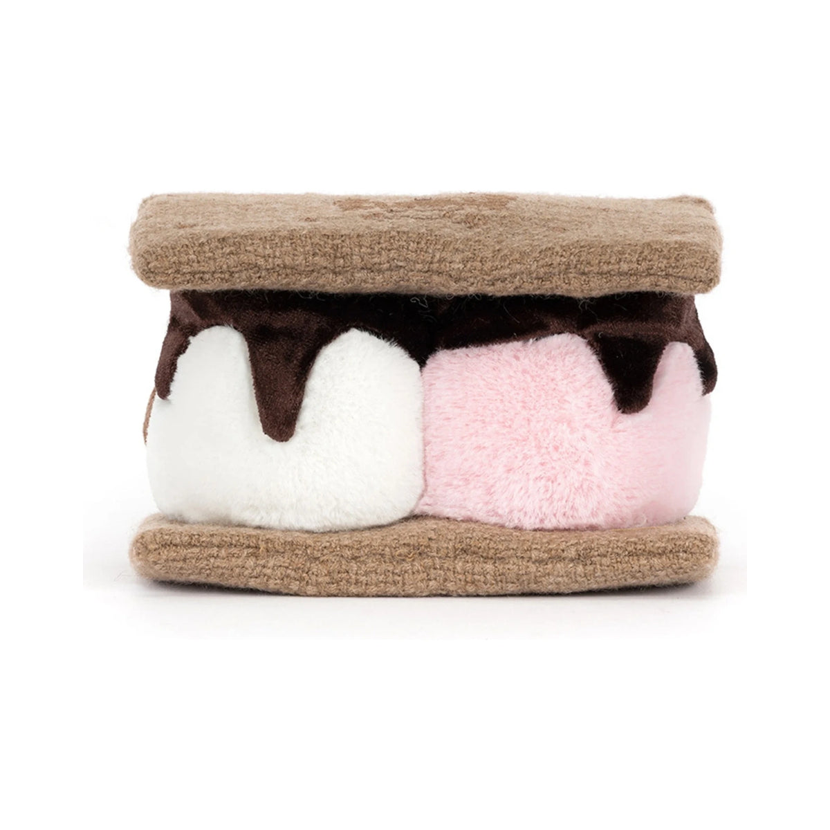 Back view of Jellycat Amuseables Smores showing fluffy white and pink marshmallows with brown velvet drizzle.
