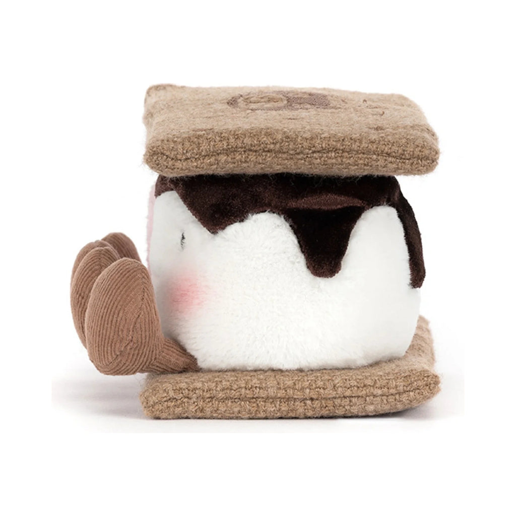 Side view of Jellycat Amuseables Smores showing fluffy marshmallow center and brown corduroy limbs.
