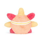 Back view of the Jellycat Amuseables Sun Roller Skates plush toy showing its soft peach body with a yellow and white striped headband, yellow plush rays, and pink feet.
