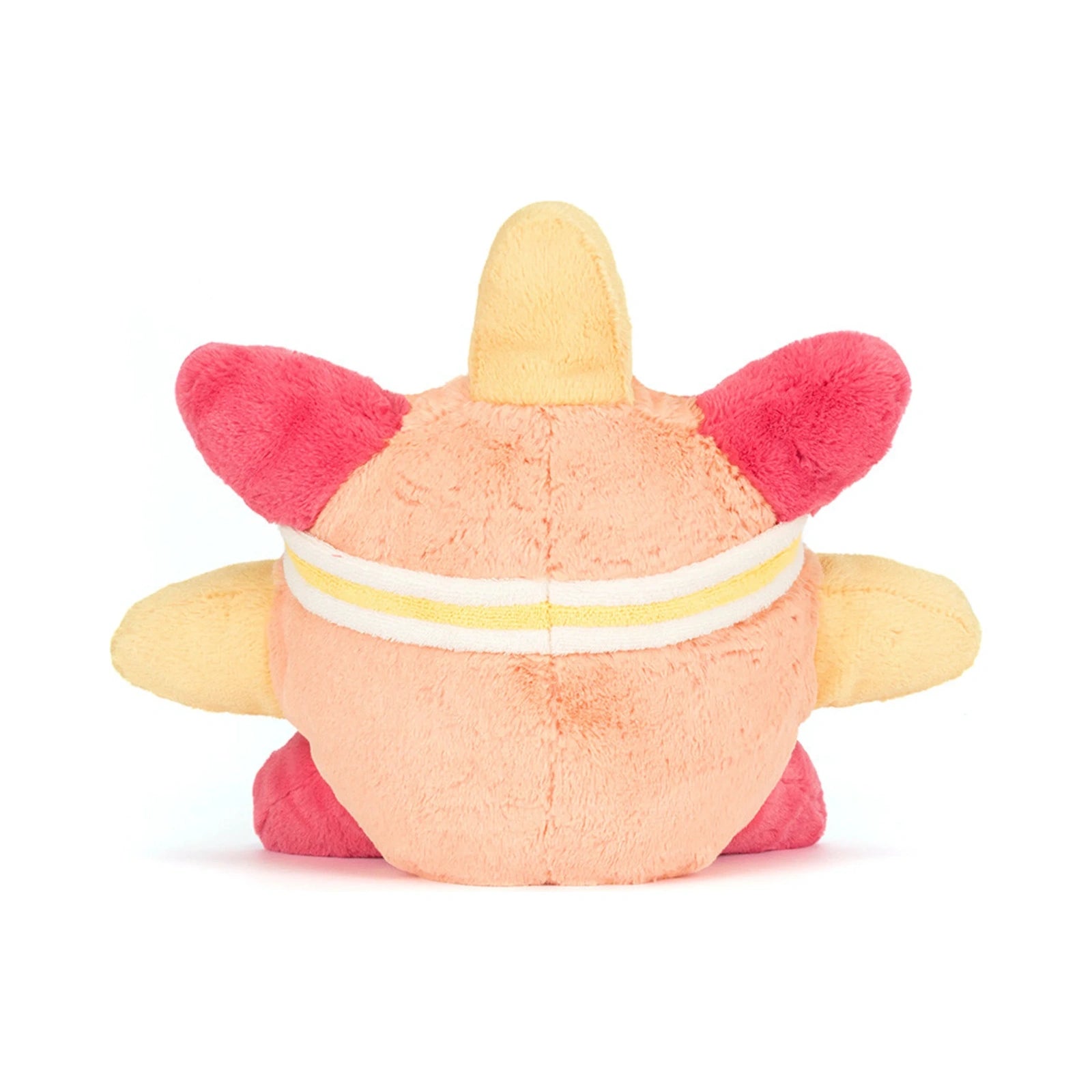 Back view of the Jellycat Amuseables Sun Roller Skates plush toy showing its soft peach body with a yellow and white striped headband, yellow plush rays, and pink feet.