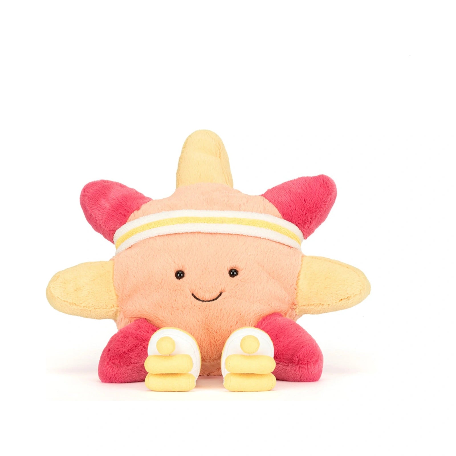 The Jellycat Amuseables Sun Roller Skates plush features a smiling peach sun character wearing a striped white and yellow sweatband and bright yellow roller skates with white wheels.