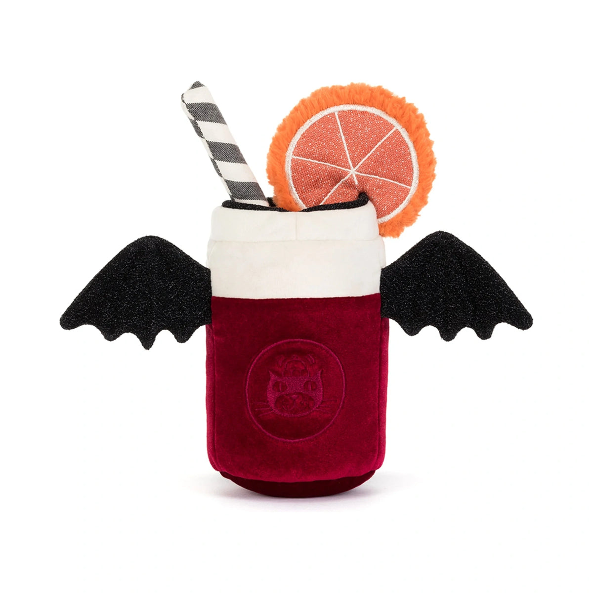 Back view of Jellycat Amuseables Vampop Drink showing sparkly orange citrus slice and black velvet bat wings.