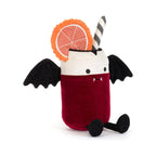 Front view of Jellycat Amuseables Vampop Drink showing soft plush crimson body and sparkly black bat wings.