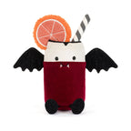 Front view of Jellycat Amuseables Vampop Drink showing velvety red body and sparkling bat wings.