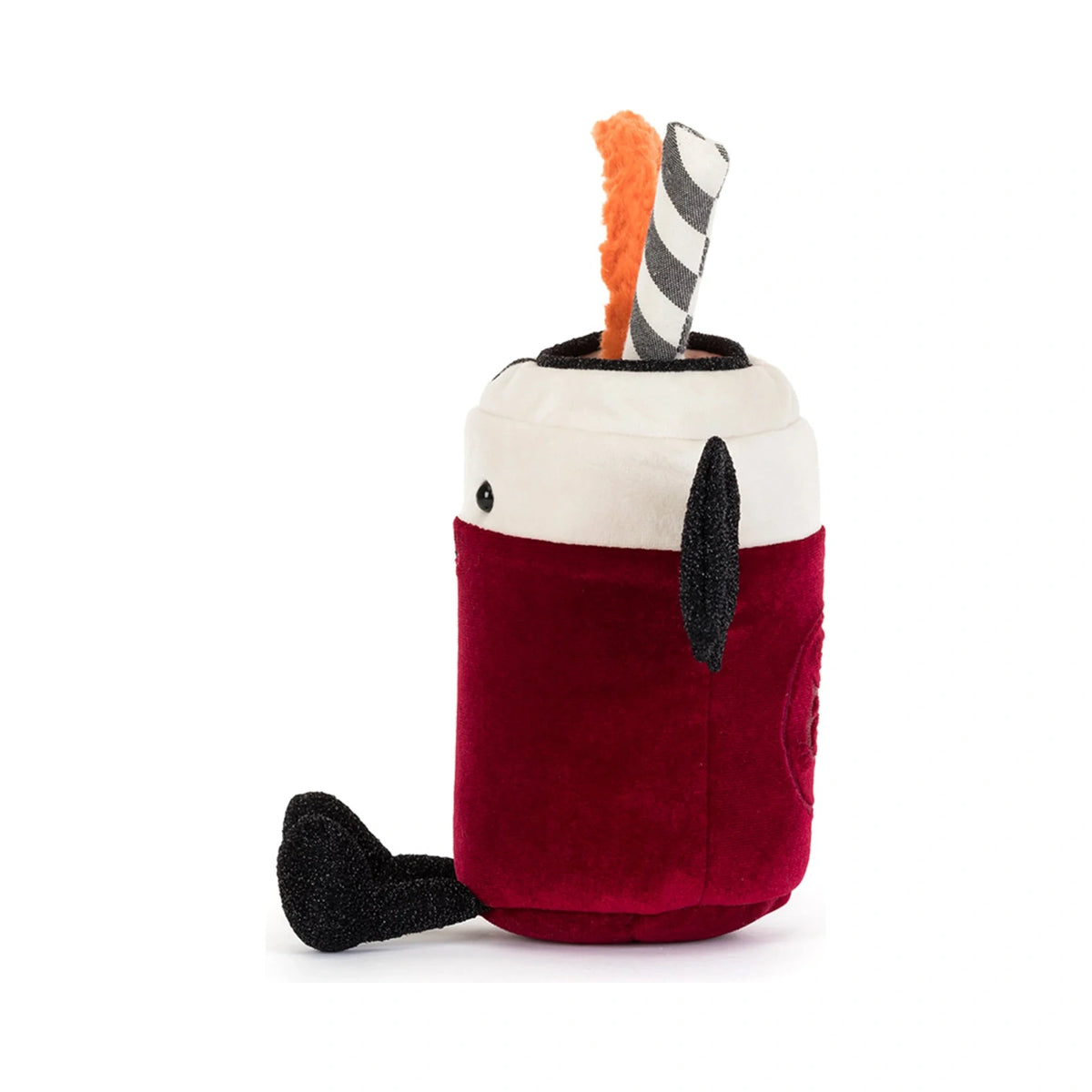 Side view of Jellycat Amuseables Vampop Drink showing deep red velvet plush body and sparkly black corduroy feet.