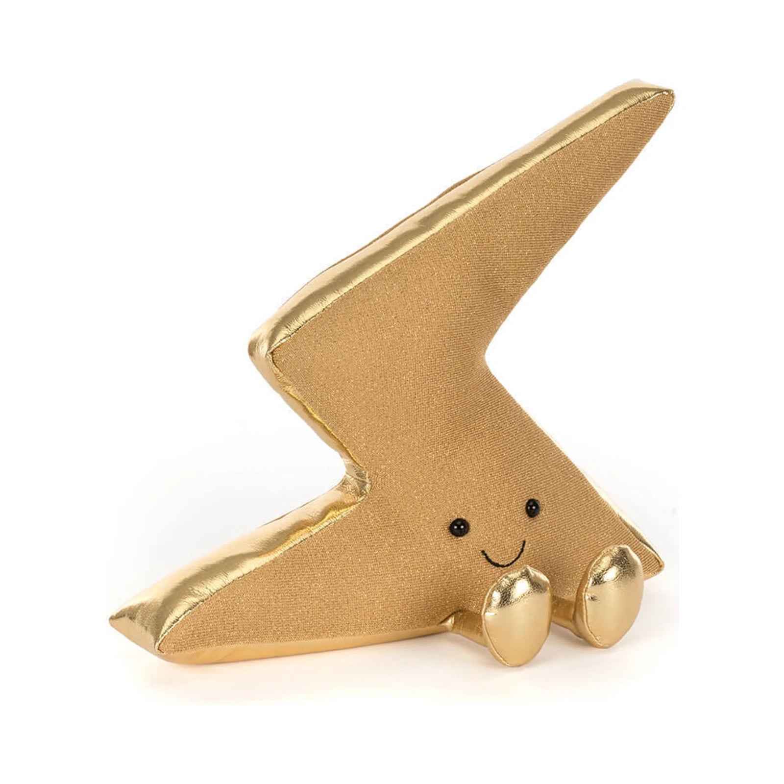 The Jellycat Amuseables Zapperty Lightning Bolt plush toy is crafted from shimmering gold fabric with a metallic border, featuring a friendly embroidered smile, tiny black eyes, and small metallic gold feet.