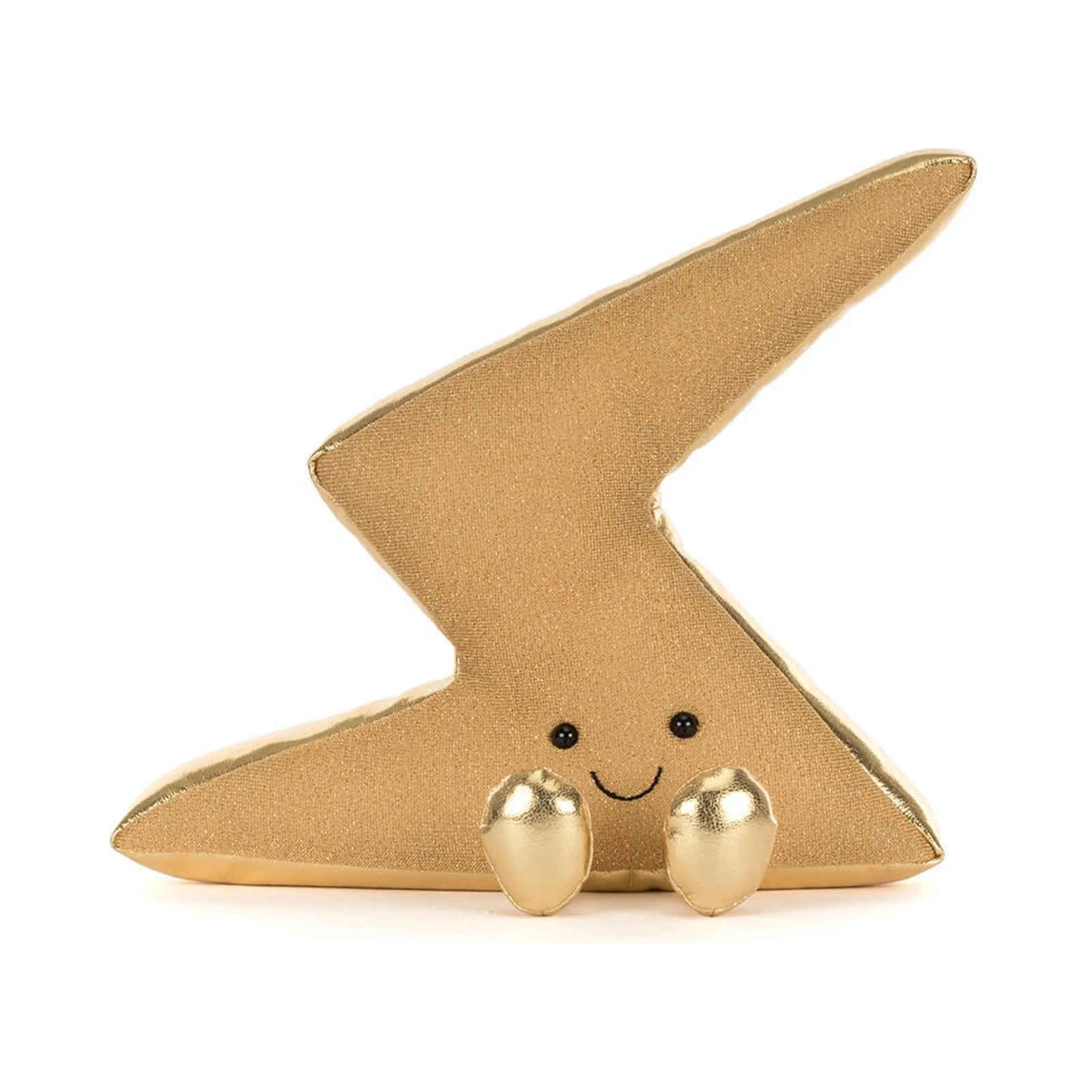 Jellycat Amuseables Zapperty Lightning Bolt plush toy features a sparkling gold textured fabric with a stitched smiling face and shiny metallic gold boots.