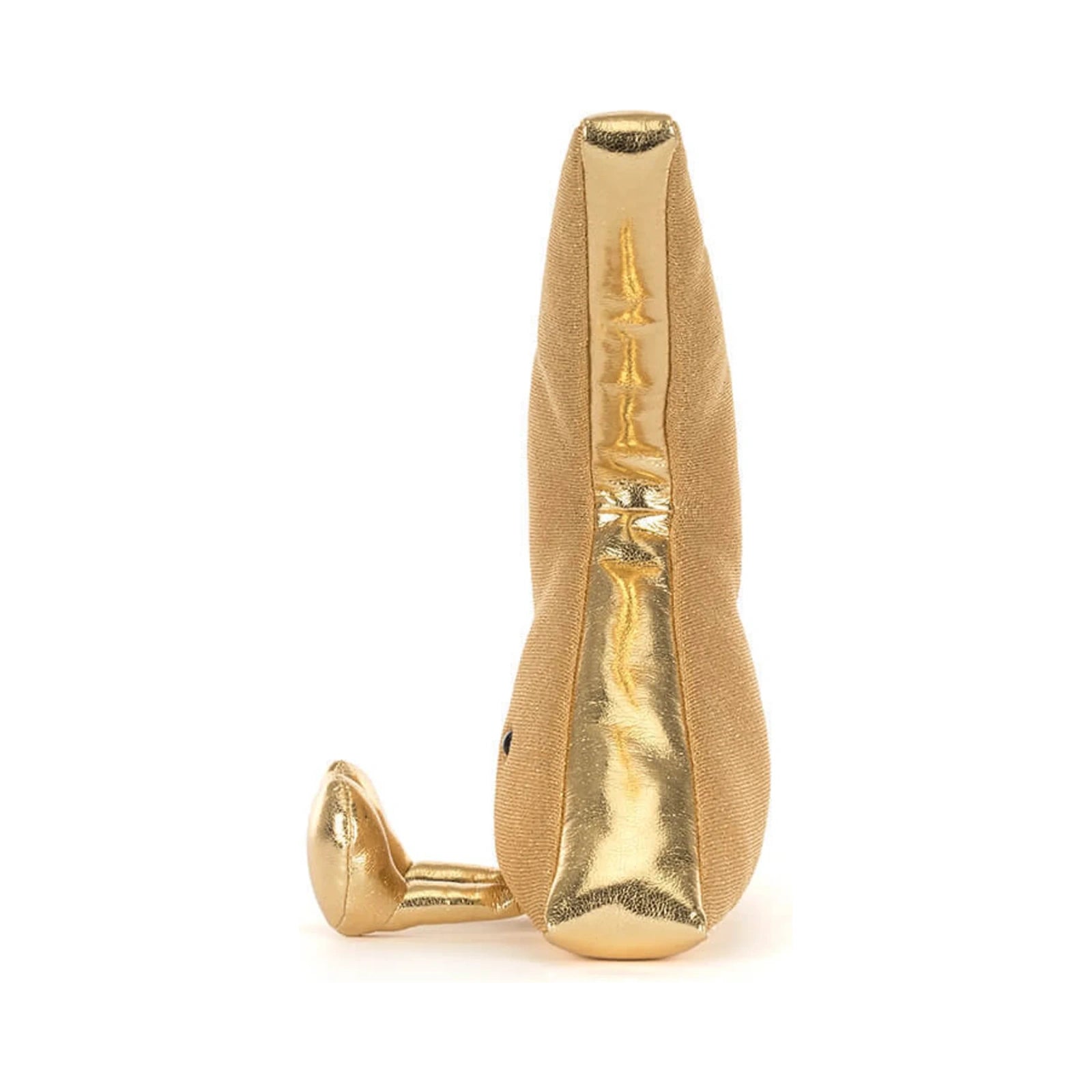 A side view of the Jellycat Amuseables Zapperty Lightning Bolt plush toy showcasing its metallic gold front panel, textured gold body, and matching gold legs.