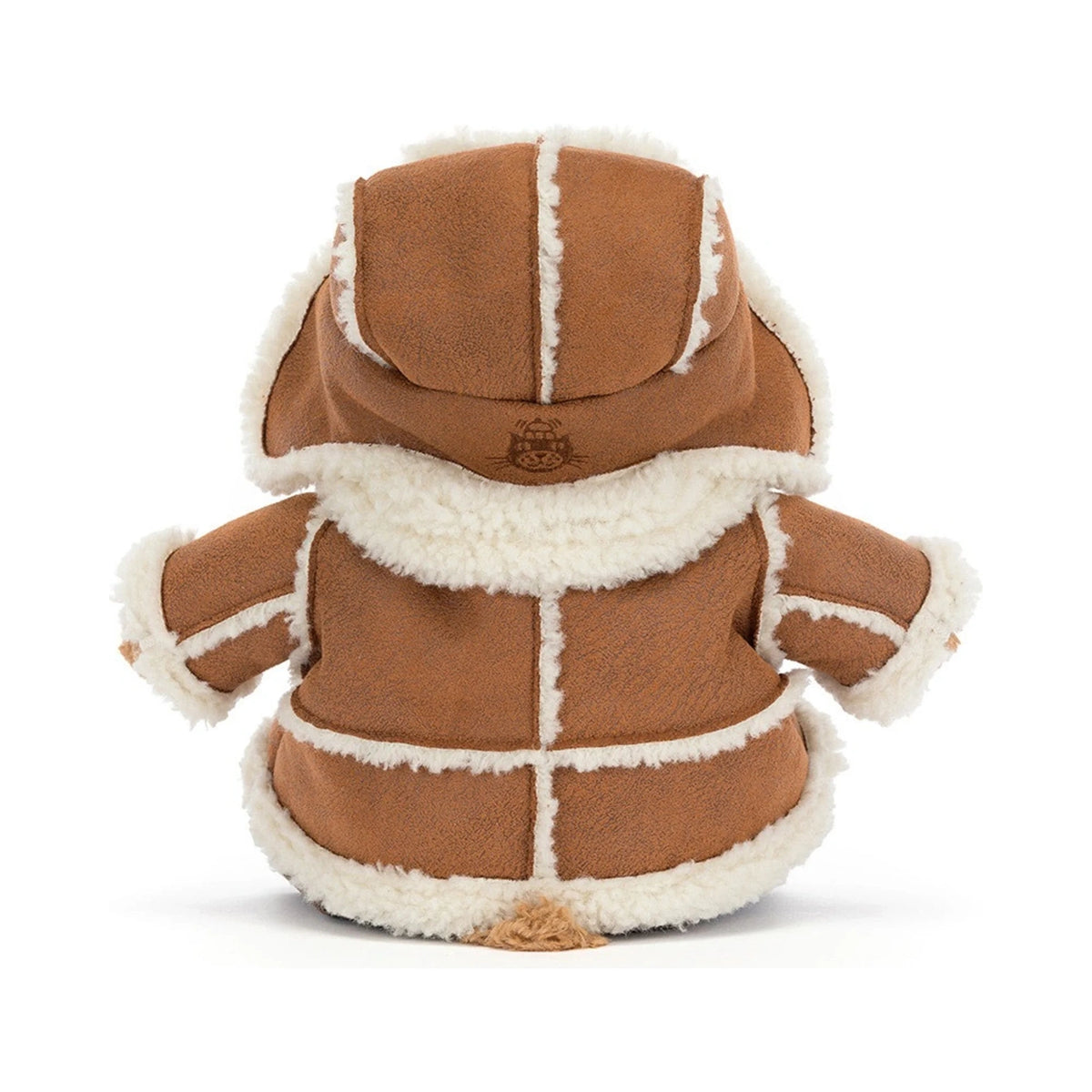 Back view of Jellycat Bartholomew Bear Alpine showing embroidered bear icon on hood.