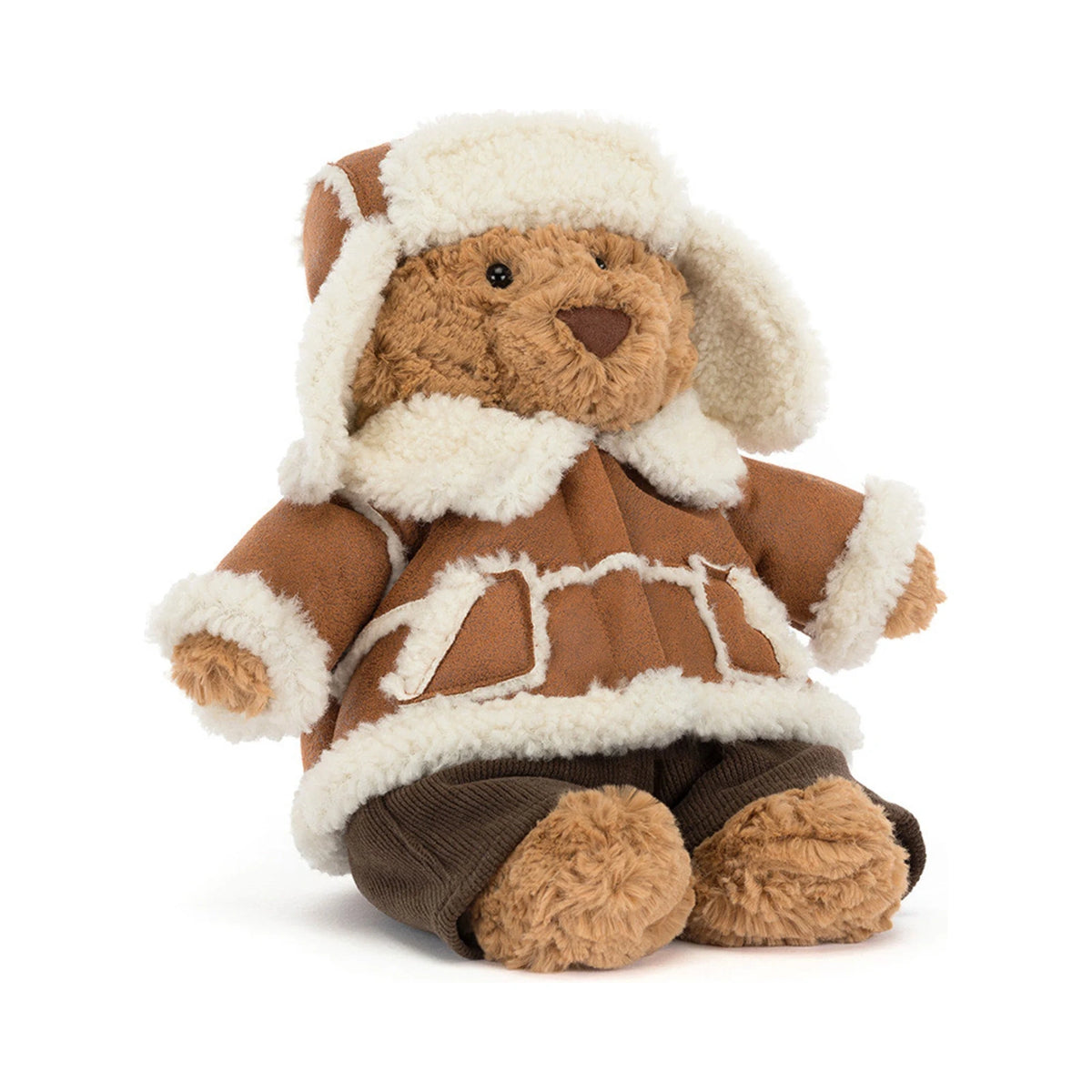 Front view of Jellycat Bartholomew Bear Alpine showing dark brown corduroy trousers.