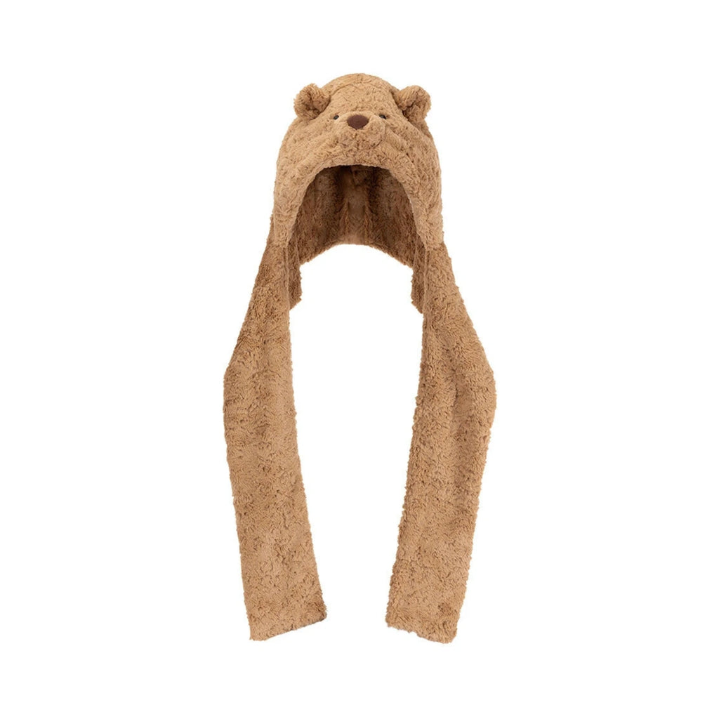 Front view of Jellycat Bartholomew Bear Bundlesnug showing fluffy brown bear head hood.