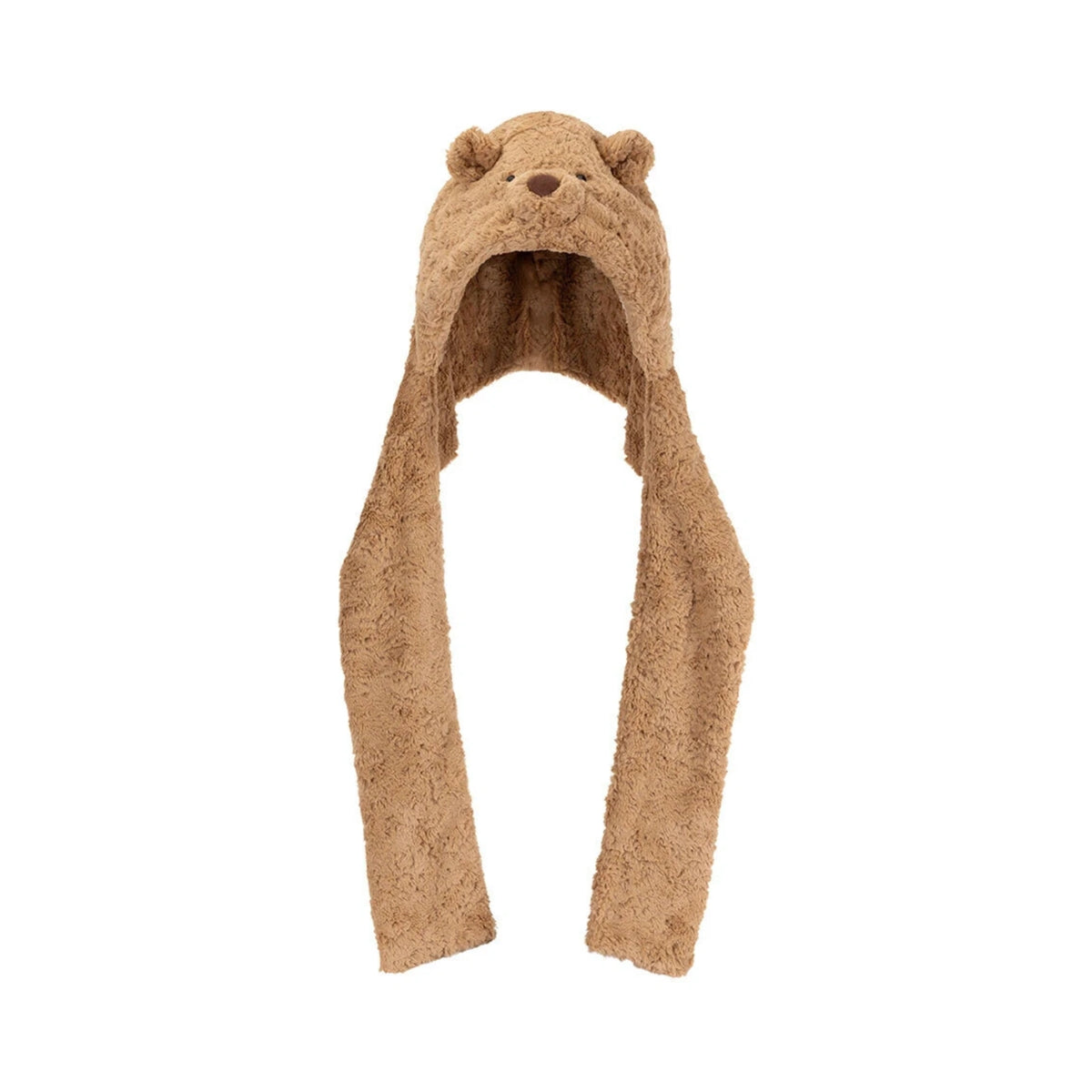 Front view of Jellycat Bartholomew Bear Bundlesnug showing fluffy brown bear head hood.