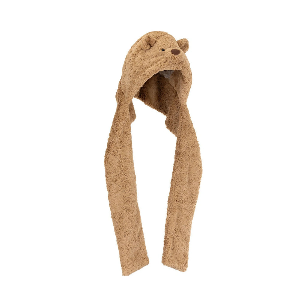 Front view of Jellycat Bartholomew Bear Bundlesnug showing fluffy brown bear hood with long scarf.