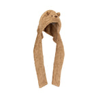 Front view of Jellycat Bartholomew Bear Bundlesnug showing fluffy brown bear hood with long scarf.