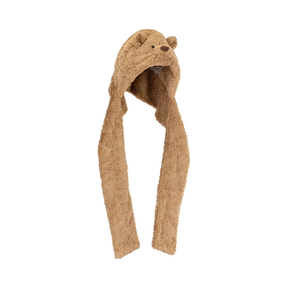 Front view of Jellycat Bartholomew Bear Bundlesnug showing fluffy brown bear hood with long scarf.