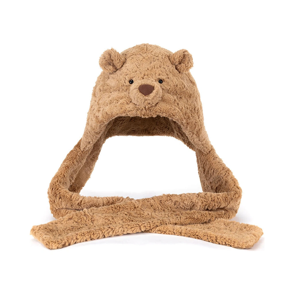Front view of Jellycat Bartholomew Bear Bundlesnug showing fluffy brown plush bear hood with long scarf.