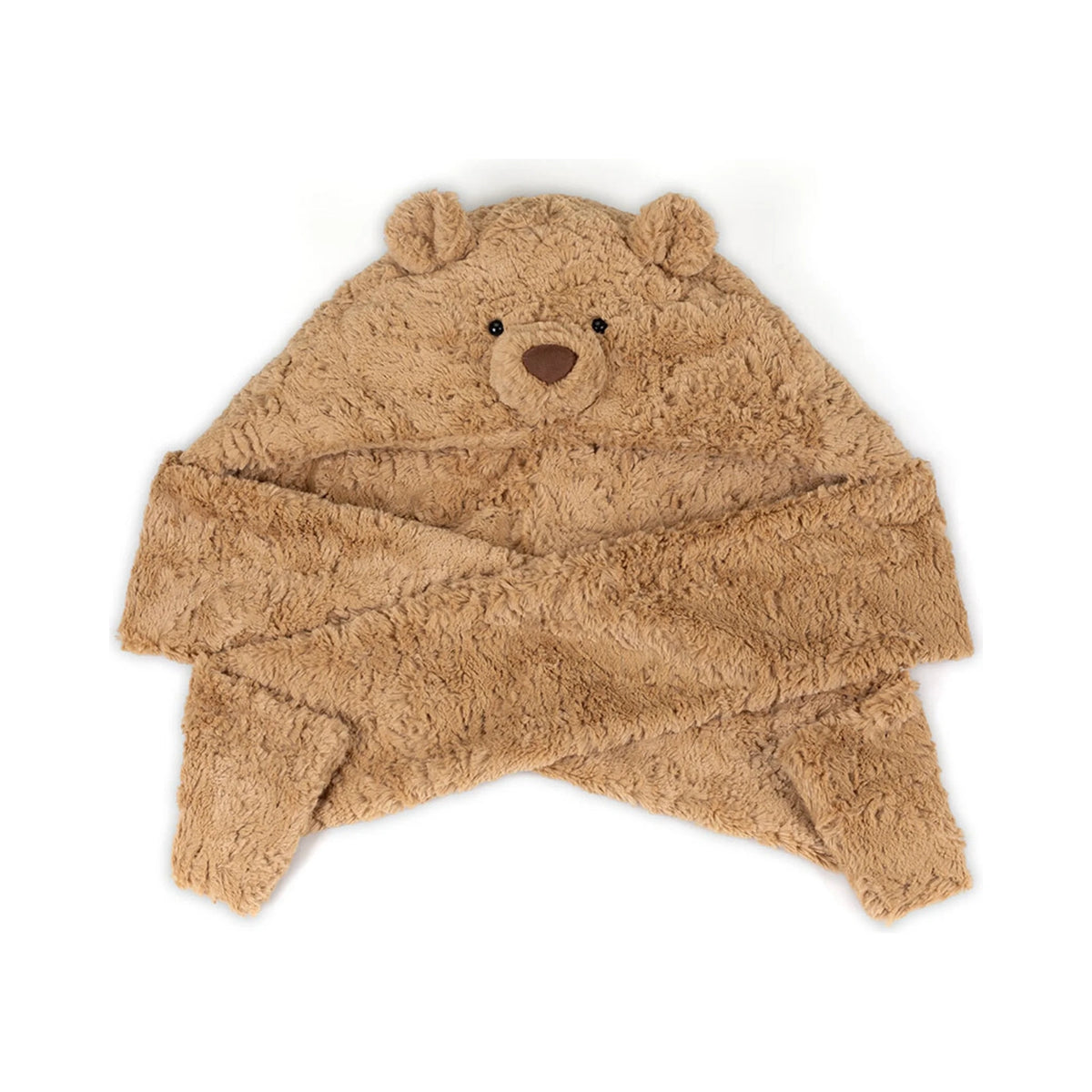 Front view of Jellycat Bartholomew Bear Bundlesnug showing fluffy brown plush with bear face.
