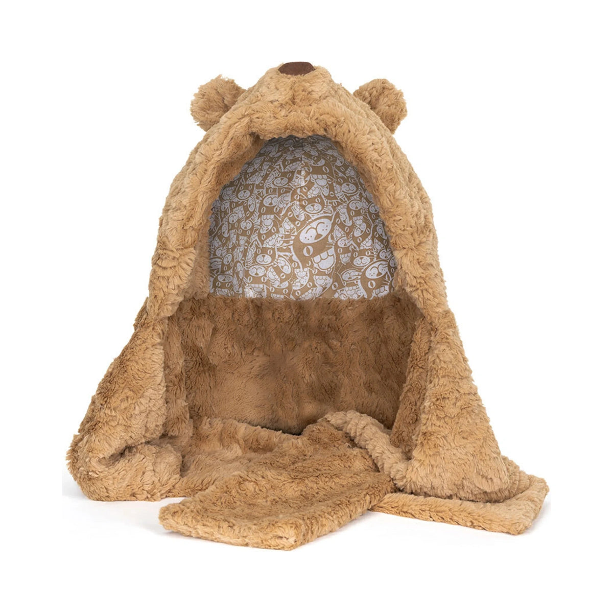 Front view of Jellycat Bartholomew Bear Bundlesnug showing fluffy brown plush and patterned fabric lining.