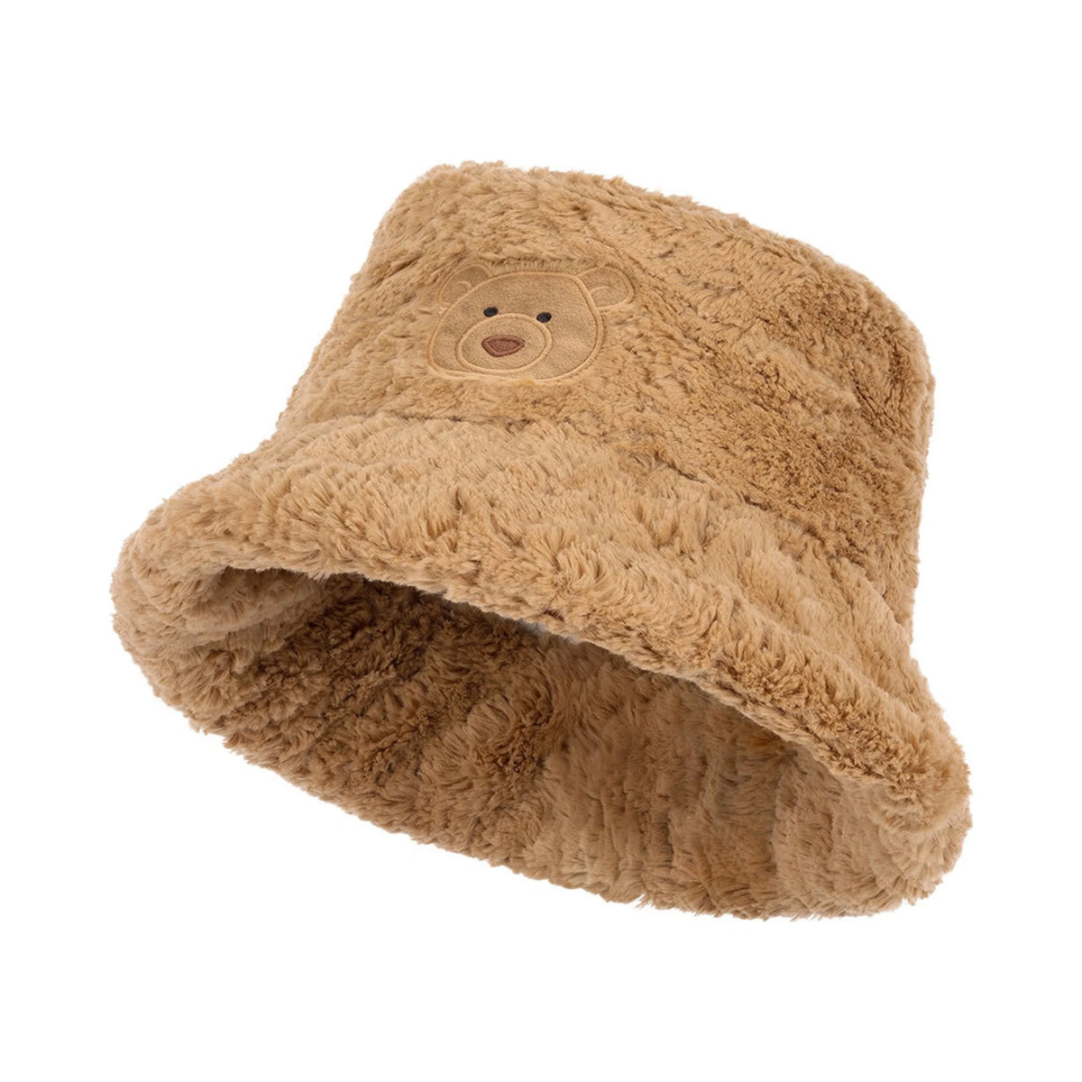 Front view of Jellycat Bartholomew Bear Fluffleshade Hat showing fluffy brown faux fur and smiling bear face.