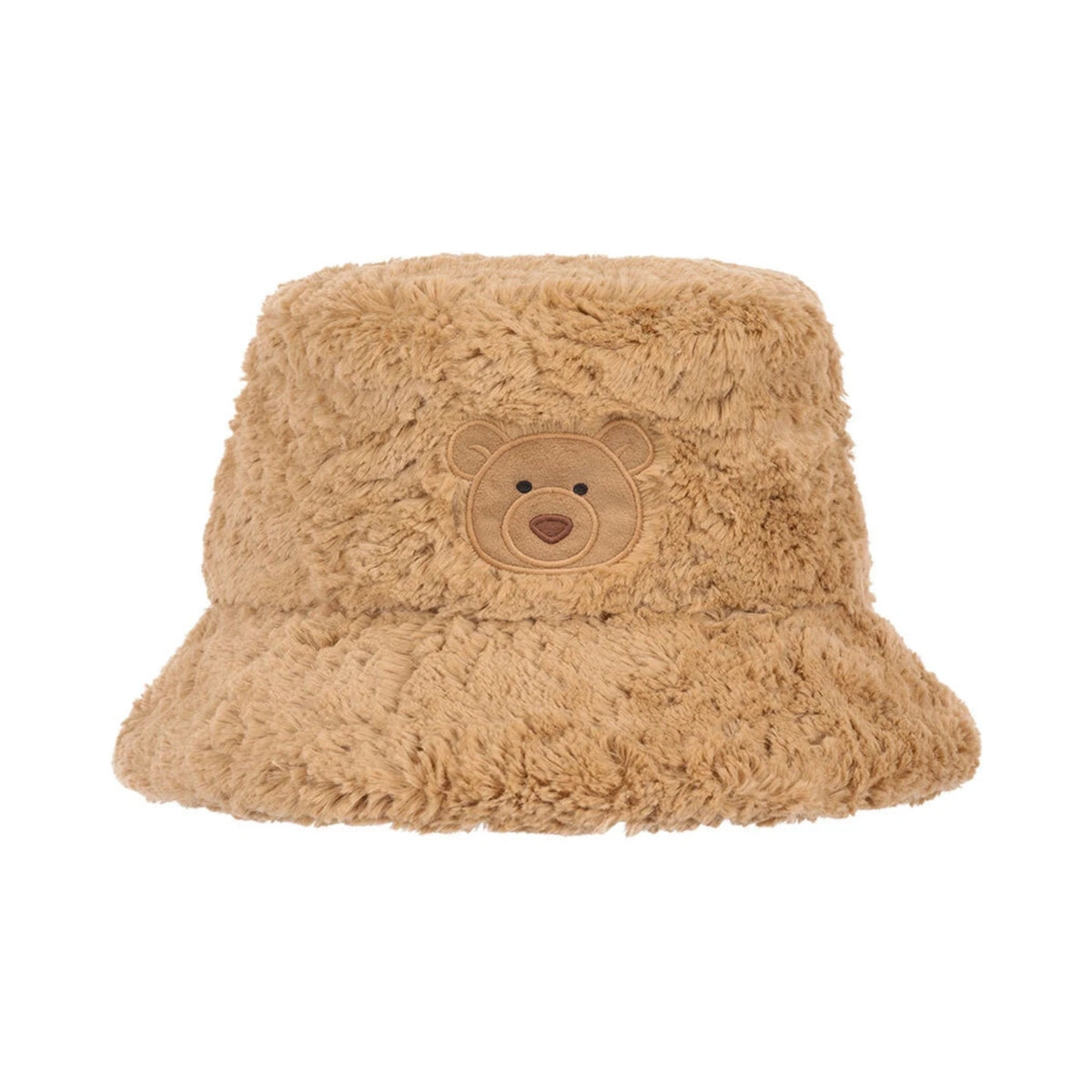 Front view of Jellycat Bartholomew Bear Fluffleshade Hat showing fluffy brown plush fabric and embroidered face.