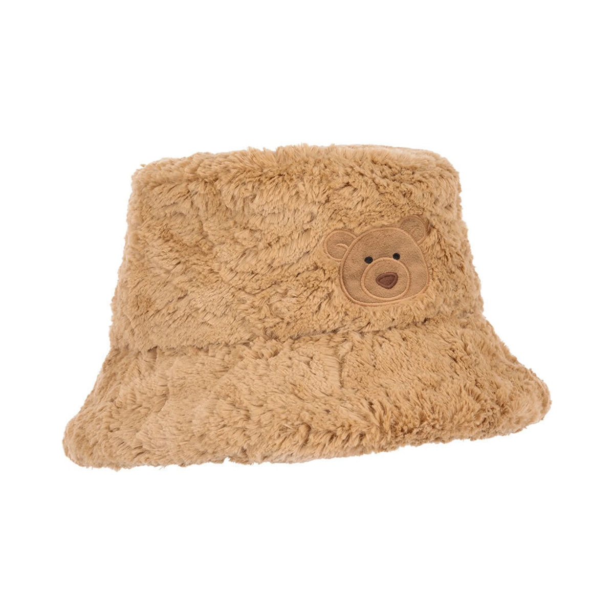 Front view of Jellycat Bartholomew Bear Fluffleshade Hat showing fluffy brown faux fur and embroidered bear face.