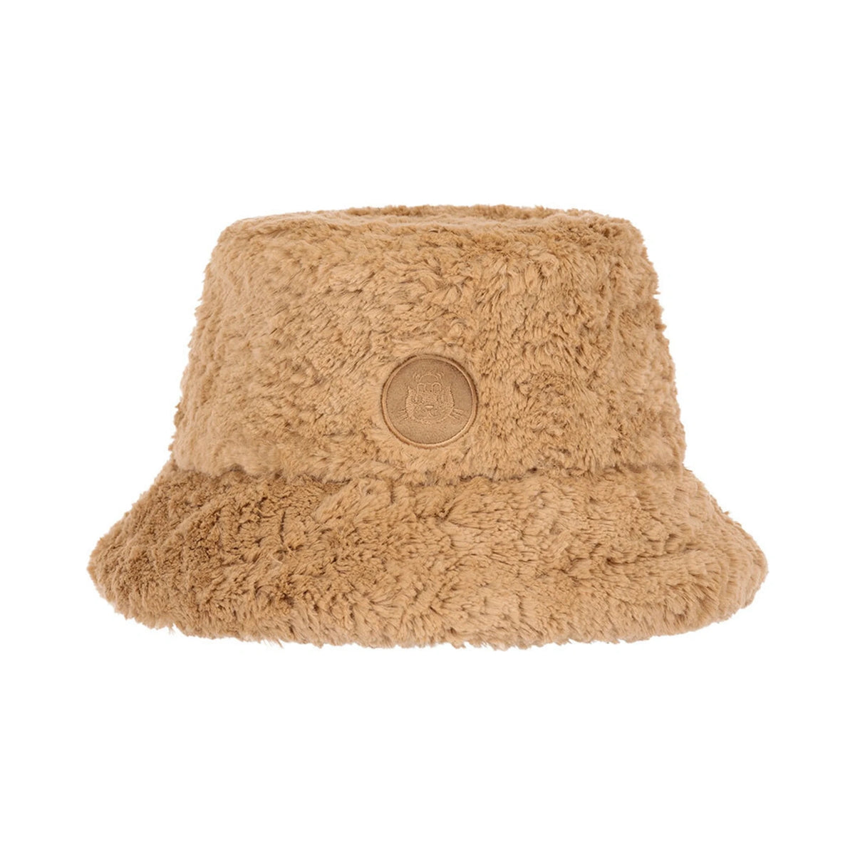 Front view of Jellycat Bartholomew Bear Fluffleshade Hat showing fluffy tan plush fabric and logo patch.