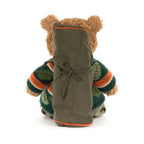 Back view of Jellycat Bartholomew Bear Hiking Outfit showing olive green sleeping bag with orange trim.