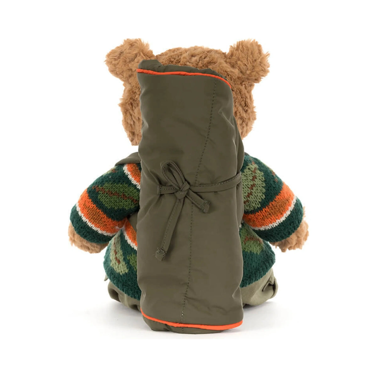 Back view of Jellycat Bartholomew Bear Hiking Outfit showing olive green sleeping bag with orange trim.