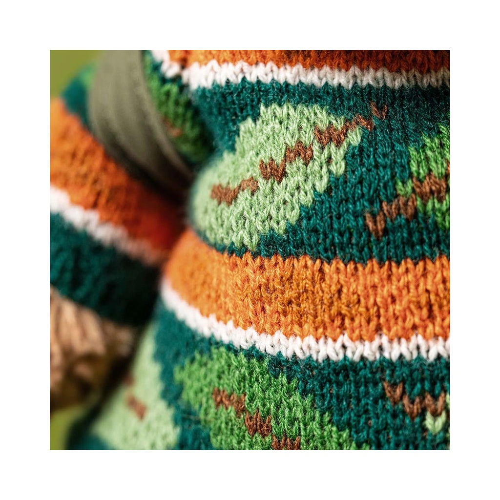 Close up detail of Jellycat Bartholomew Bear Hiking Outfit showing vibrant knitted yarn stripes.