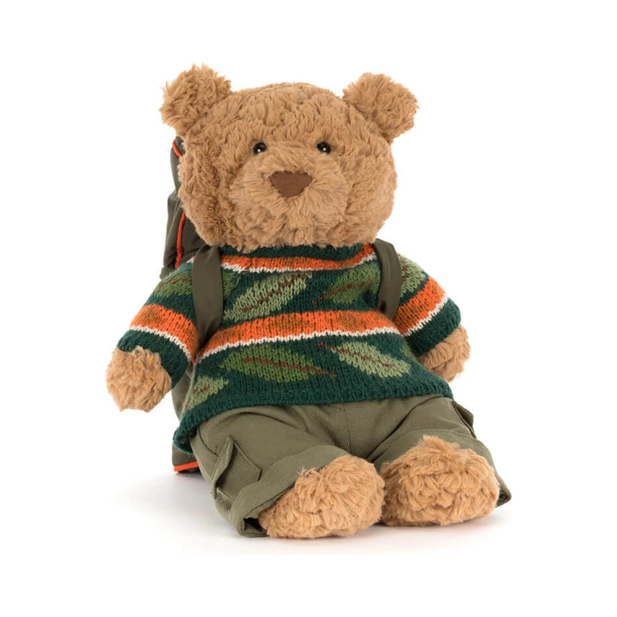 Front view of Jellycat Bartholomew Bear Hiking Outfit showing fluffy brown plush bear and leaf print sweater.