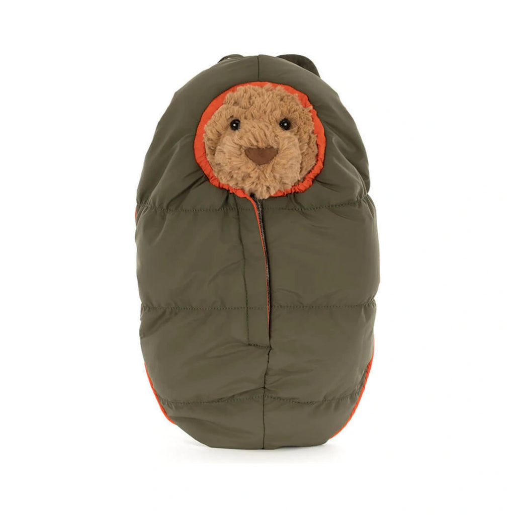 Front view of Jellycat Bartholomew Bear Hiking Outfit showing olive green puffer bag and fluffy bear face.