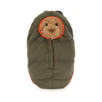 Front view of Jellycat Bartholomew Bear Hiking Outfit showing olive green puffer bag and fluffy bear face.