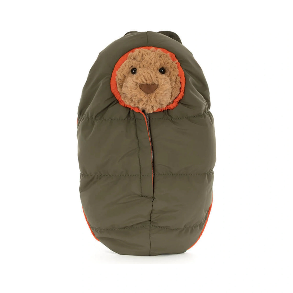 Front view of Jellycat Bartholomew Bear Hiking Outfit showing olive green puffer bag and fluffy bear face.