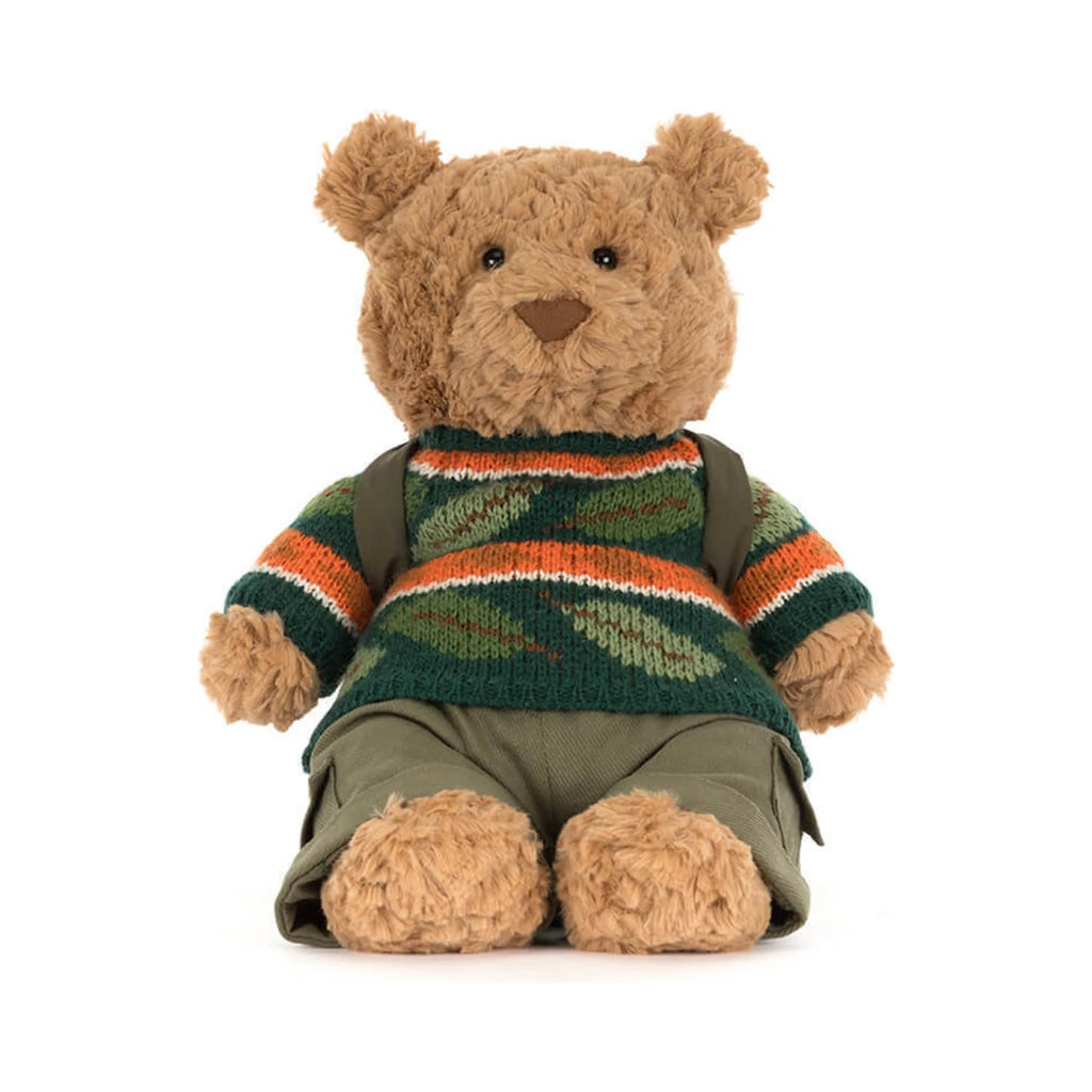Front view of Jellycat Bartholomew Bear Hiking Outfit showing fluffy brown plush bear and green leaf sweater.