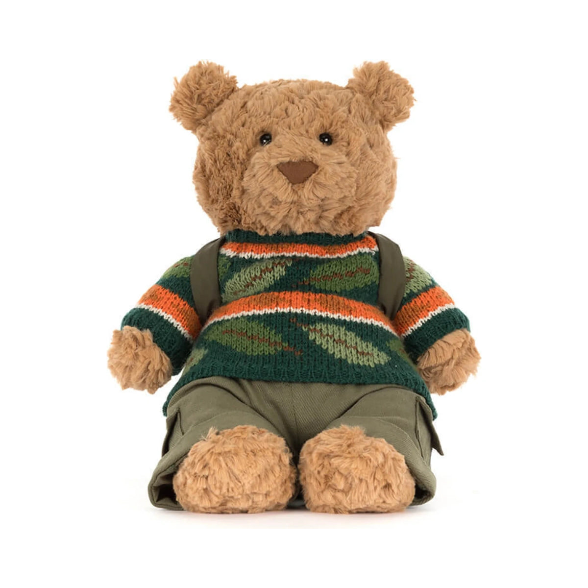 Front view of Jellycat Bartholomew Bear Hiking Outfit showing fluffy brown plush bear and green leaf sweater.