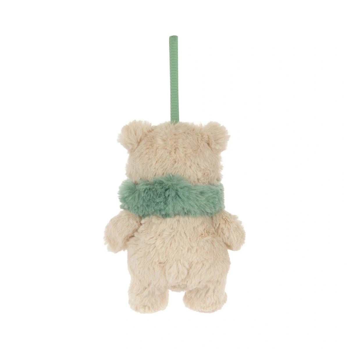 Back view of Jellycat Bartholomew Bear Jr Winter Warmer Decoration showing hanging sage green ribbon loop.