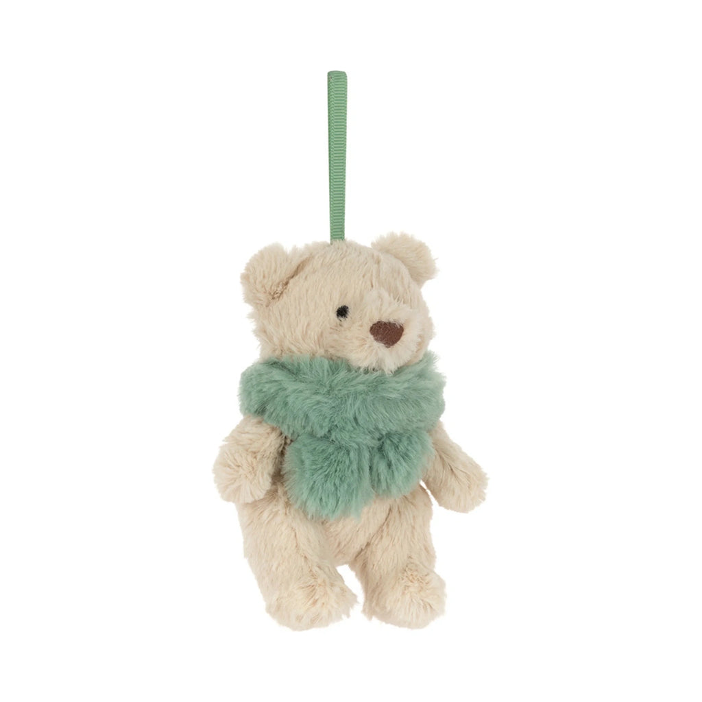 Front view of Jellycat Bartholomew Bear Jr Winter Warmer Decoration showing green ribbon hanging loop.