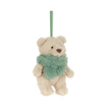 Front view of Jellycat Bartholomew Bear Jr Winter Warmer Decoration showing green ribbon hanging loop.