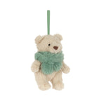 Front view of Jellycat Bartholomew Bear Jr Winter Warmer Decoration showing green ribbon hanging loop.